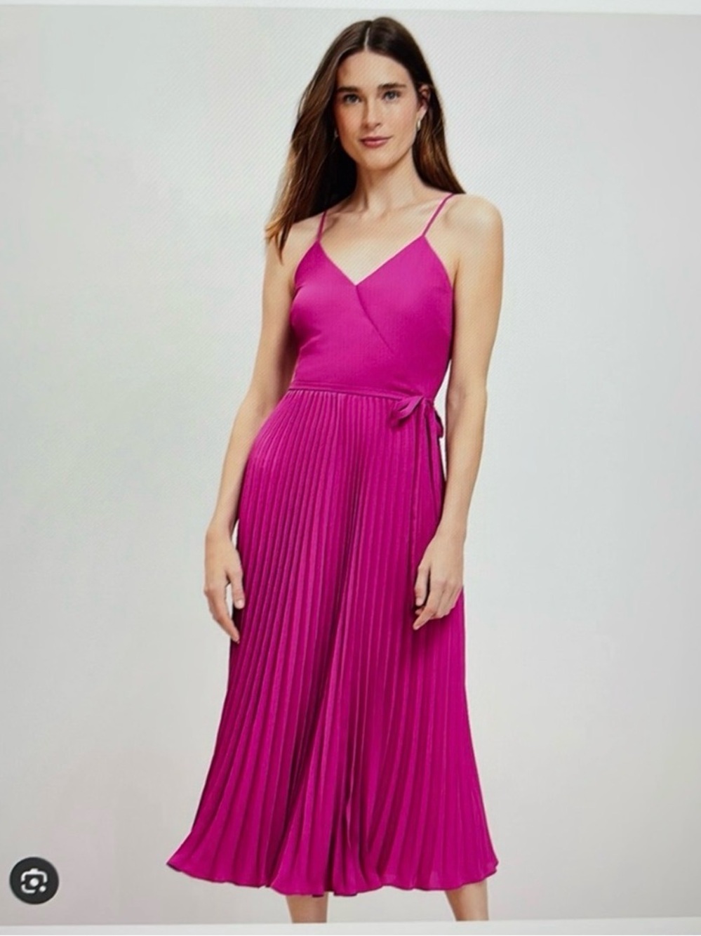 LOFT Fuchsia Pleated Midi Dress with Spaghetti Straps